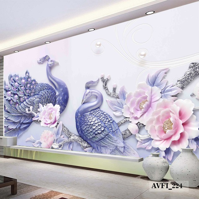 Wallpaper Dinding Murah 3 Dimensi Motif Burung Merak Ukiran Timbul