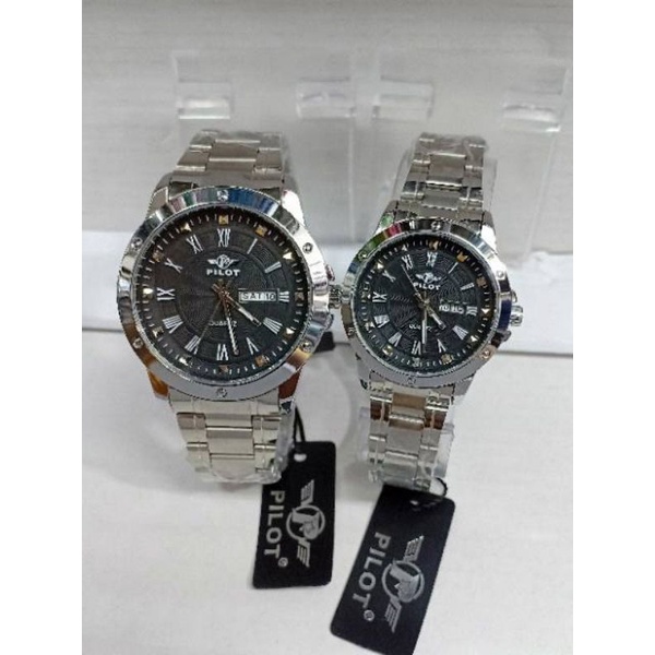 (Cod)Jam Tangan Couple Pilot ROMAWI Tanggal Hari Strap Rantai/Stell(Dikirim Jakarta)