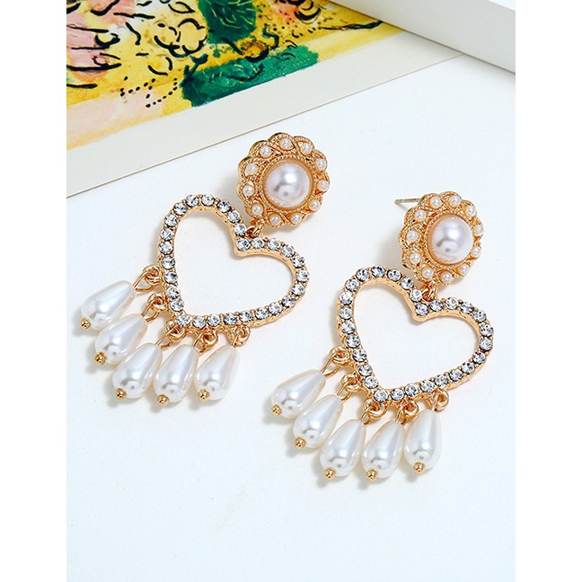 LRC Anting Tusuk Fashion Gold Pearl Tassel Earrings F40669