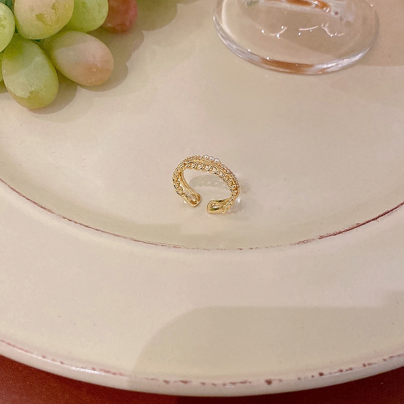 Cincin Berlian Mutiara Double layer Model Terbuka Adjustable Untuk Wanita