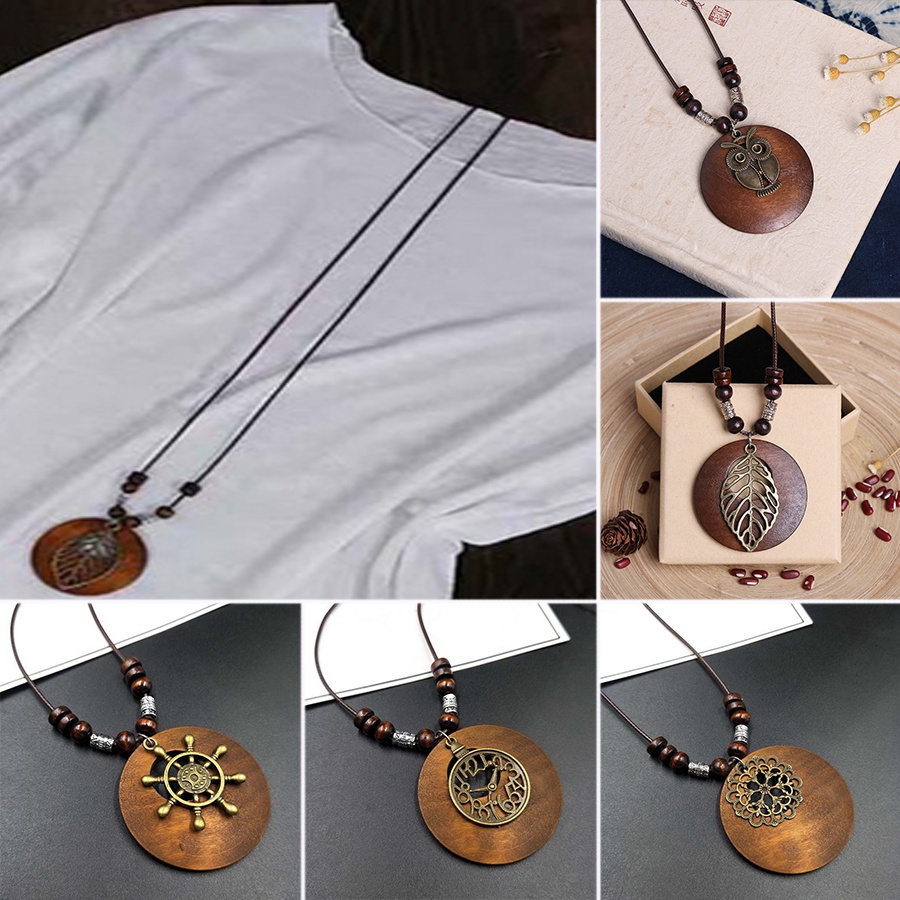 Retro Ethnic Style Beaded Wood Chip Hollow Clock Owl Long Lucky Sweater Chain Necklace Jewelry Gift