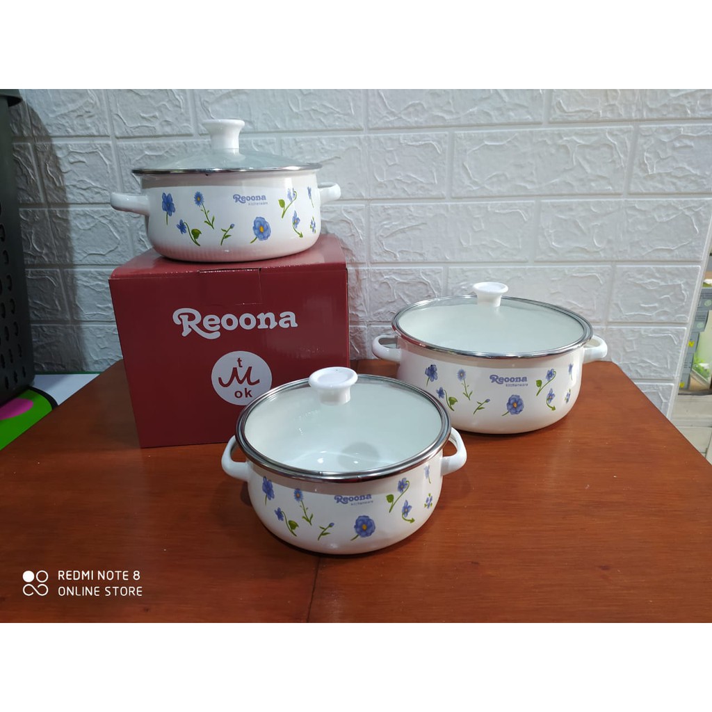 panci enamel reoona set 3 susun + tutup kaca | Shopee ...