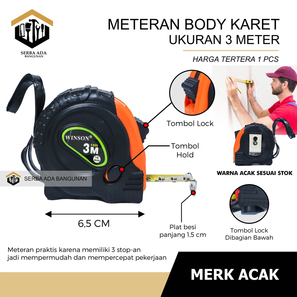 Meteran 3 5 7.5 M Tukang Bangunan Roll Meter Jaket Measuring Tape Rol Measure / original kuat