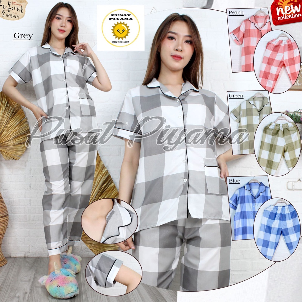 Baju Tidur Piyama Wanita Motif Kotak Pajamas Cewek Korea Kekinian Daily Set Katun Oslin