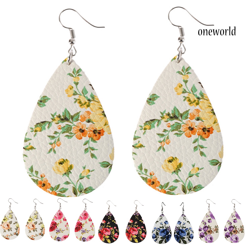 OW@ Boho Women Floral Pattern Teardrop Dangle Faux Leather Hook Earrings Jewelry