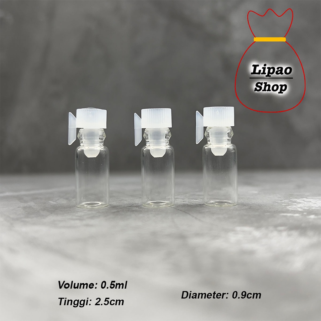 Vial 0,5ml Botol Kaca Tester Sample Parfum Minyak Wangi Oles Stik Panjang Lidi Tutup Putih