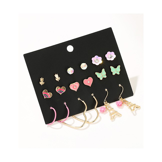 LRC Anting Set Fashion Color Butterfly Drops Oil Tower Stud Earrings Set D42522