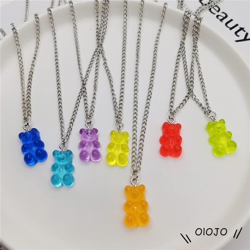 Transparan Beruang Bulat Rantai Kalung Liontin Resin Kartun Warna Cerah Fashion Jewelry - Ol