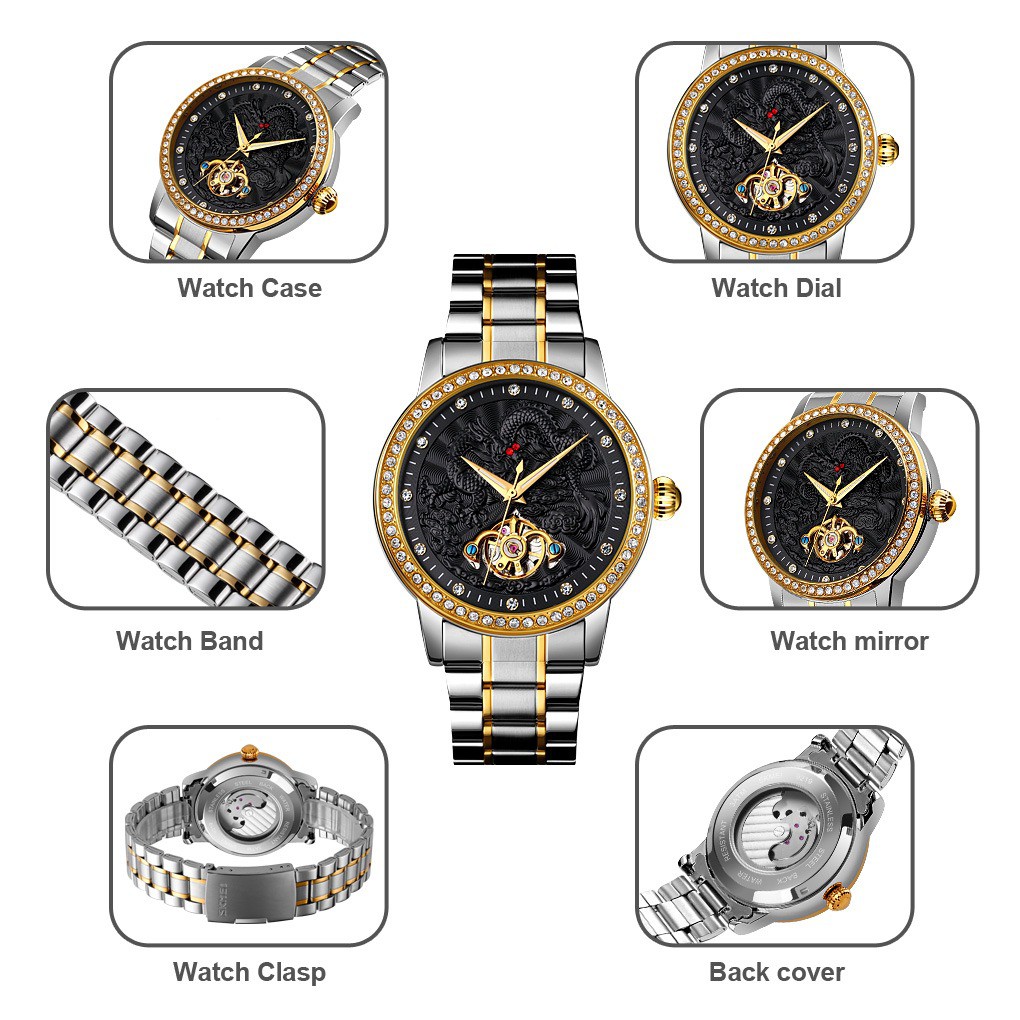 FREE BOX Premium SKMEI 9219 Luxury Automatic Mechanical Men Watches Dragon Diamond Hollow Watch