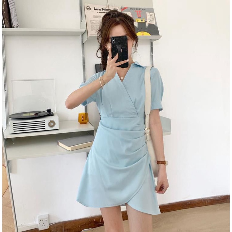 [littlecrab] Dress Wanita French Style Hitam Putih Biru Langit Dress V Neck Simple Elegan Casual Berkerah Dress Polos Dress Jalan Soft Color Dress Pesta Dress Pendek High Quality Dress Berkualitas Korean Style