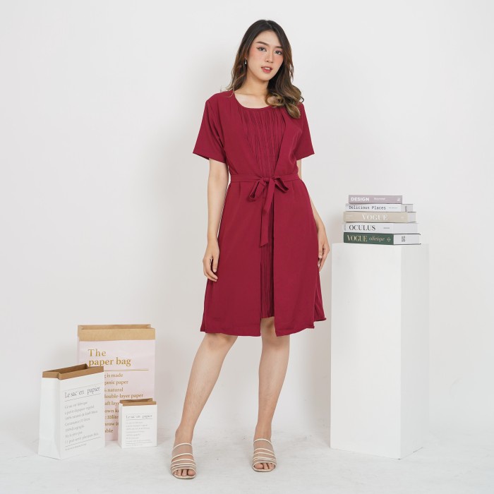 Chamele - FREE BELT  Plisket pleated dress ( 1 pc / nyatu ) 2271 - Maroon(M9B7) FASHION WANITA MODER
