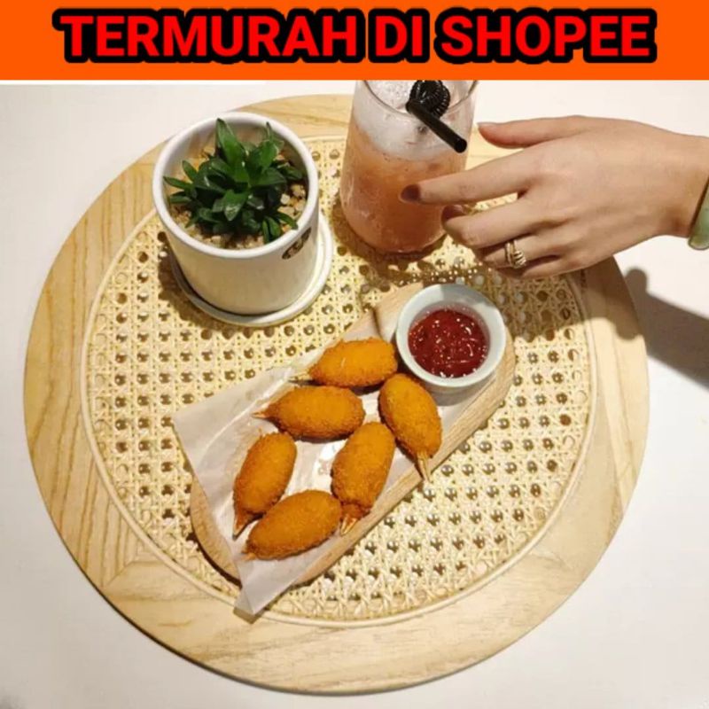 	 Nisacans.id - Wooden Coaster Tempat Saji Nampan/ Nampan Rotan Anyaman Alami Kayu Jati Solid	