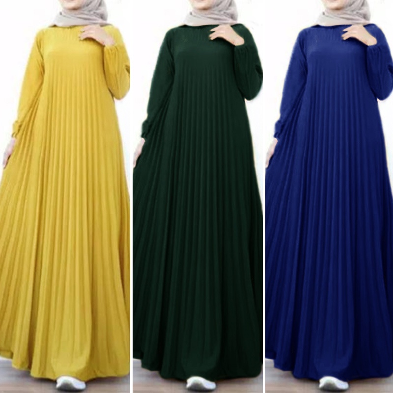 ZANZEA Women Casual Loose Plain Crew Neck Pleated Muslim Hem Maxi Dress