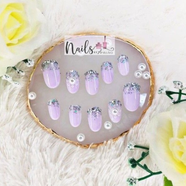 kuku palsu wedding pastel / fake nails wedding warna ungu pastel / nail art