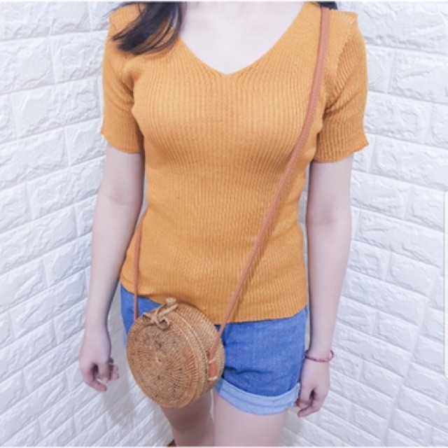 ATASAN RAJUT V-NECK LENGAN PENDEK RAJUT WANITA VNECK