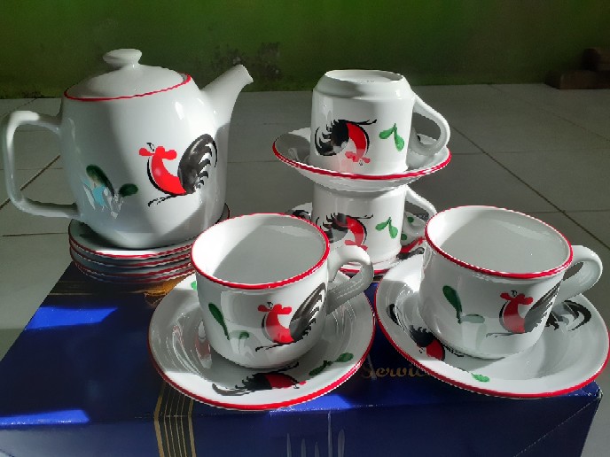 Teko Set Motif Ayam Jago Seri 2 / 1 Teko+tutup / 4 Cangkir+saucer