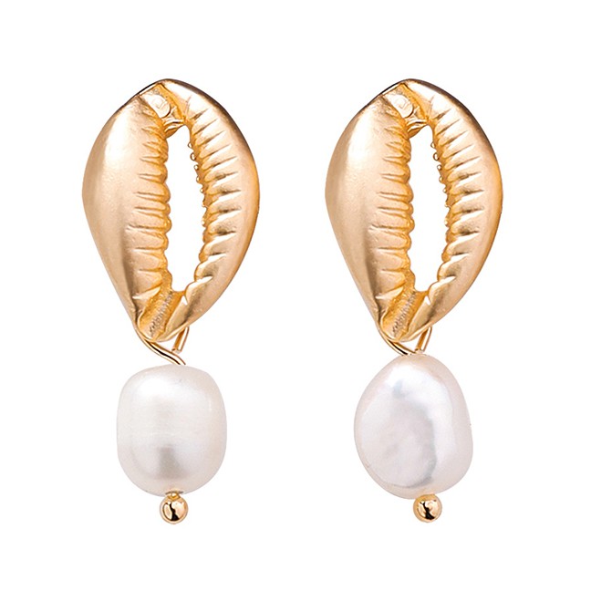 LRC Anting Tusuk Fashion Gold Metal Conch Irregular Pearl Earrings F29123