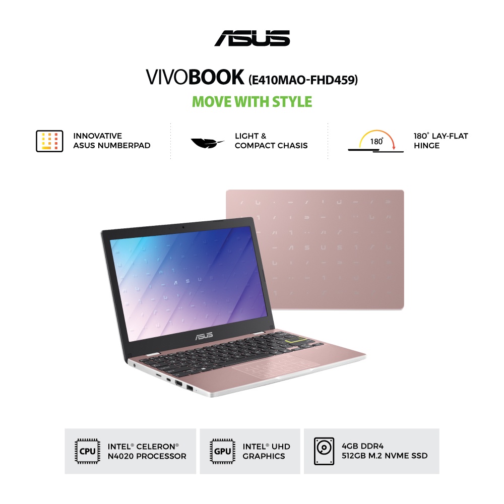 Asus E410MAO-FHD459 RosePink [Intel N4020|RAM 4GB|SSD 512GB|Win11|OHS21]