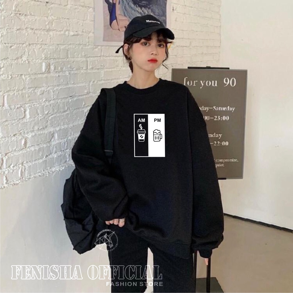 FenishaStore AM PM sweater crewneck Oversize Wanita Size M,L,XL,XXL Bisa Bayar Ditempat COD