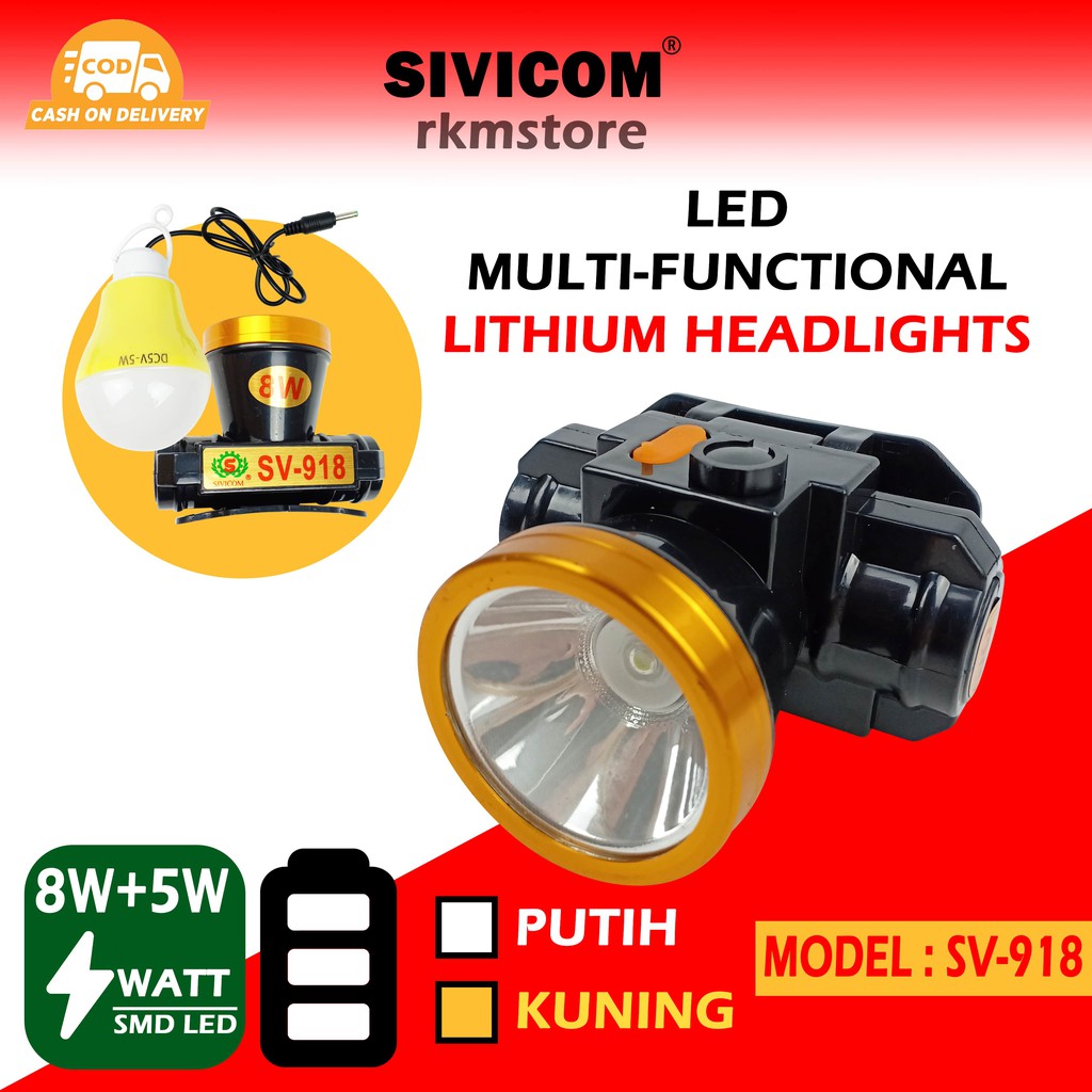 SENTER KEPALA SIVICOM SV-918 mata 1 8watt + LAMPU 5watt HIGHT POWER
