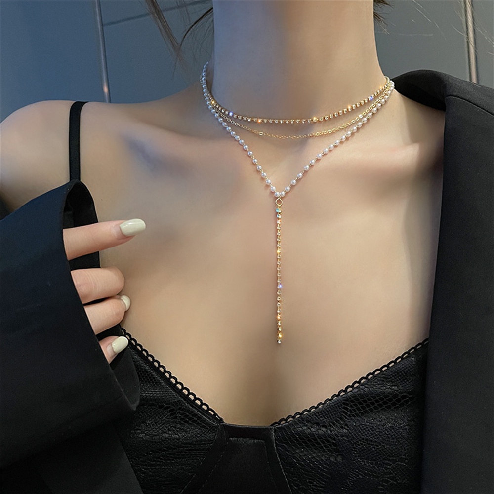 【COD Tangding】Kalung Rantai Klavikula Multi layer Bentuk Y Aksen Mutiara Berlian Gaya Korea Untuk Wanita