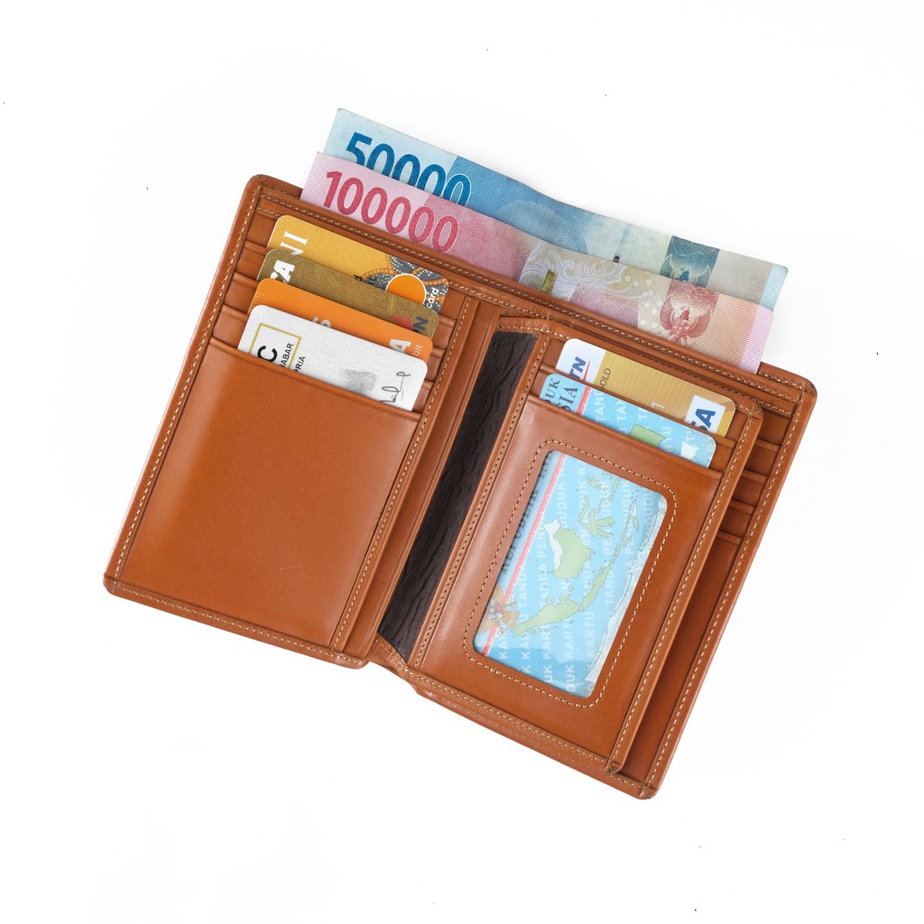 dompet medium kulit asli unisex dengan sisipan tengah tan - PHWL1104