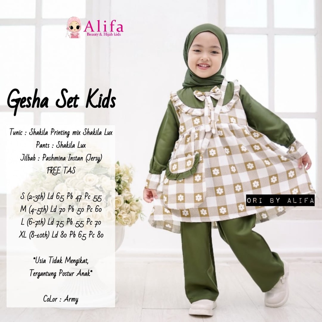ORIGINAL ALIFA SETELAN ANAK FREE HIJAB PASMINA PLUS TAS GESHA SET KIDS shakila printing mix shakila 