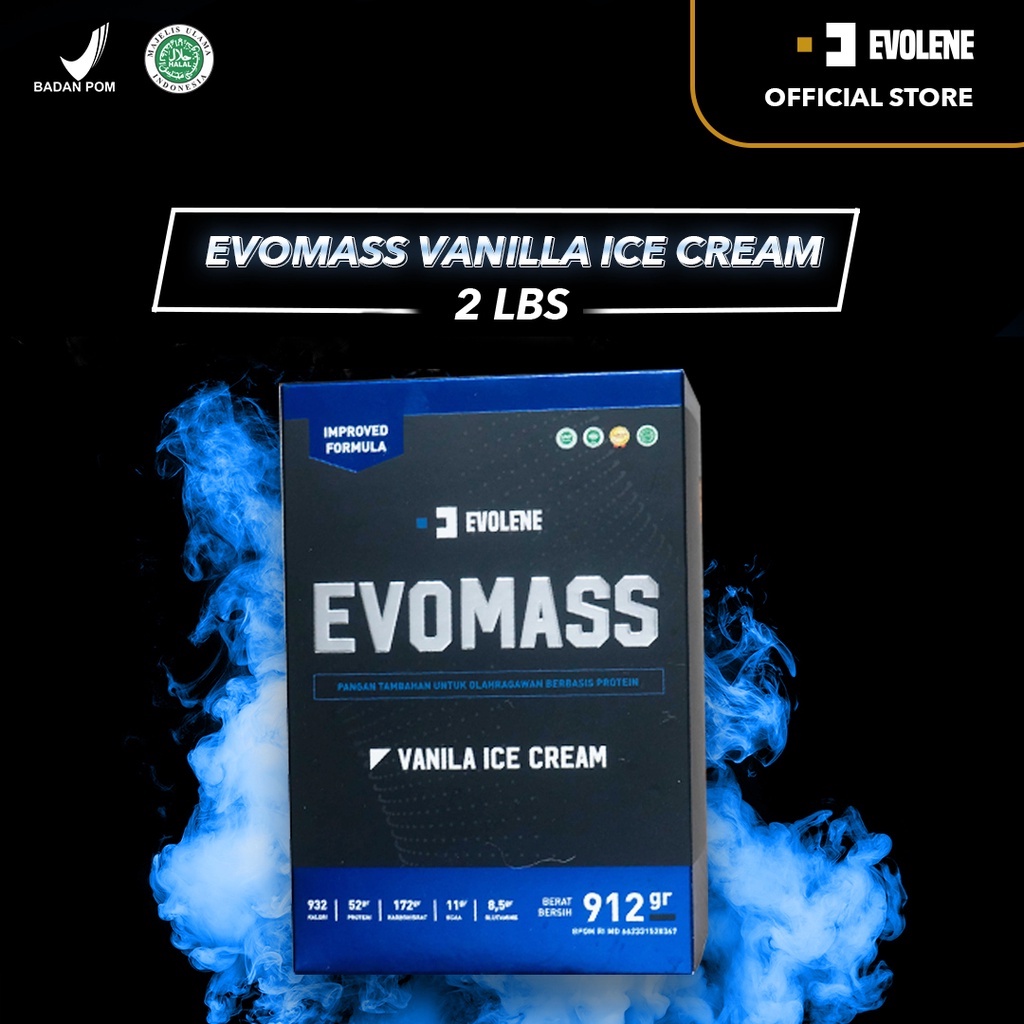 Evomass Vanila 2 LBS - Penambah massa otot - Suplemen fitness - Pembentuk otot - Kaya Nutrisi - Surplus kalori - Minuman susu workout - Susu penambah berat badan - Mass Gainer - Suplemen penambah berat badan Evolene Evoline Evolen