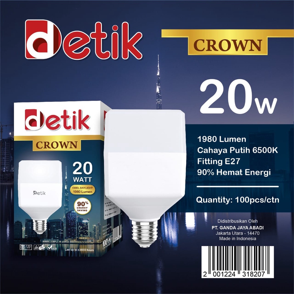 Detik Crown Lampu LED Bulb Kotak 20 Watt - Cahaya Putih