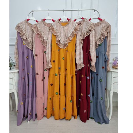 Gamis pompom mix renda brokat by Meijiwang import premium