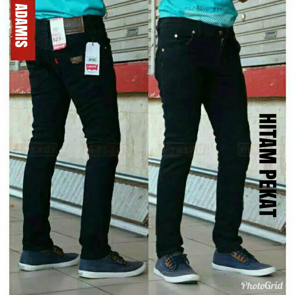 Plain Black Pekat Long Pants Jeans Celana Panjang Streetch Ngaret Karet Bagus Denin Melar