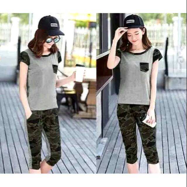 Stelan Army Abu LO/ Fashion wanita setelan baju celana army cewek stelan baju cewek
