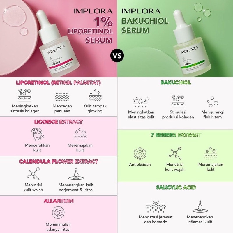 Implora Serum Wajah Gold/ Acne/Luminous/ Peeling/ Midnight/ Hydrating/ Bakuchiol/ Liporetinol/ DNA Salmon/ Birdnest