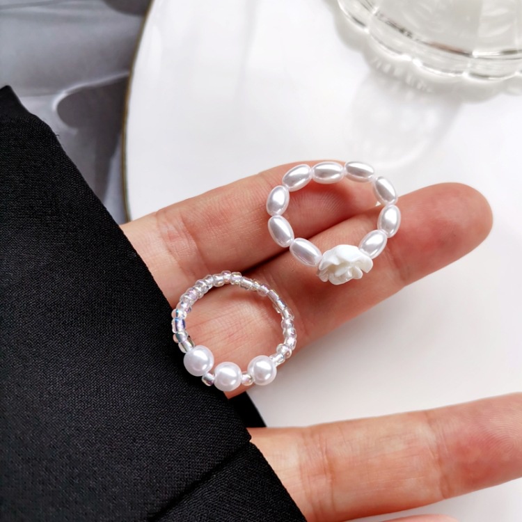 2PCS/Set Lovely Pearl Ring Beaded Elastic White Flower Index Finger Ring