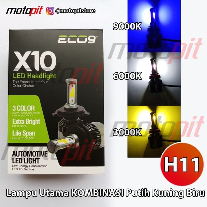 Jual Luminos ECO9 X10 LED H11 3 Warna 3000K 6000K 9000K Kuning Putih