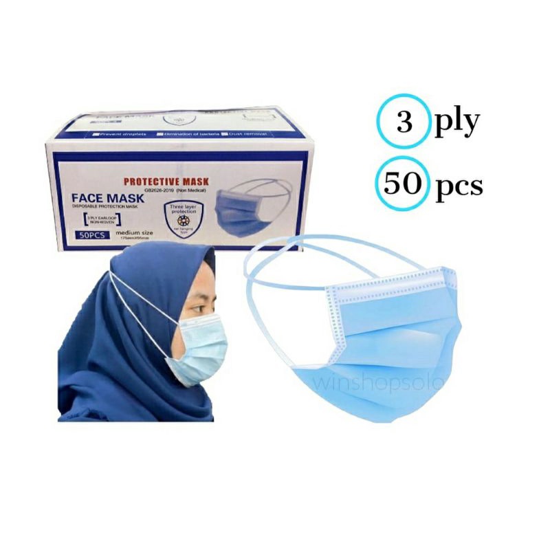 (BISA COD) MASKER HIJAB BIRU HITAM  3 PLY ISI 50PCS KUALITAS BAGUS