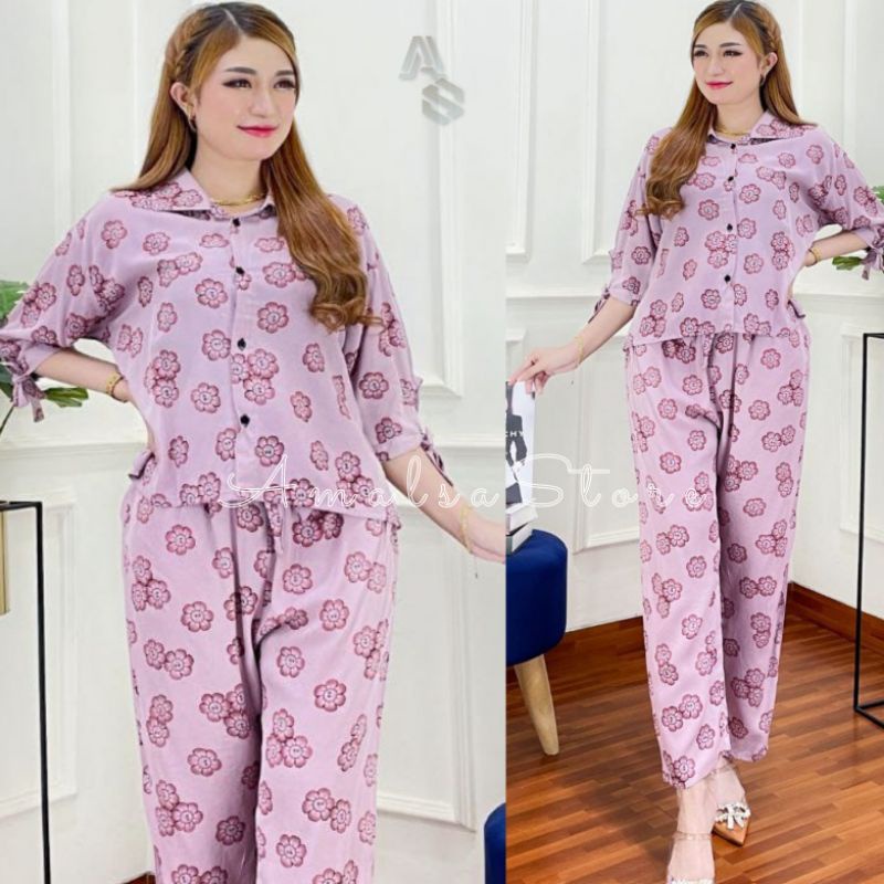 [BISA COD BAYAR DITEMPAT] NEW ONESET SOFT COLOR // SETELAN CELANA PANJANG LENGAN 3/4 MOTIF BUNGA SAKURA // SET WANITA MOTIF CHERRYBLOSSOM