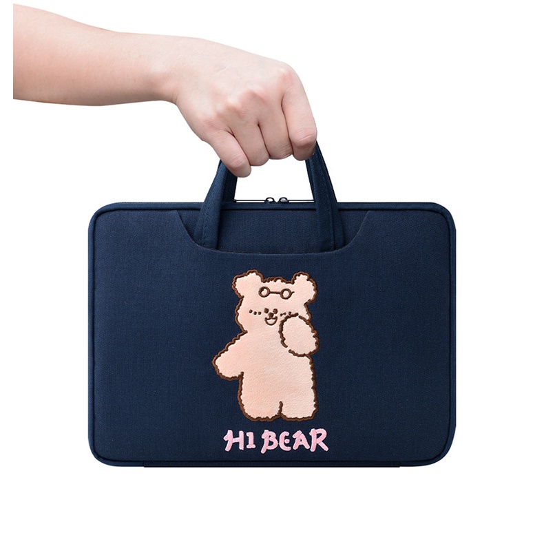 Sleeve Pouch Sarung Tas Jinjing Ipad Tab Tablet Laptop Bag Macbook Air Pro Asus Acer Lenovo HP Huawei Vivobook 11 12 13 14 15 inch Motif Gambar Beruang Bear Warna Biru Navy Blue Lucu Cute Murah Korean Model Tali Banyak Slot Ruang Stationary Lembut