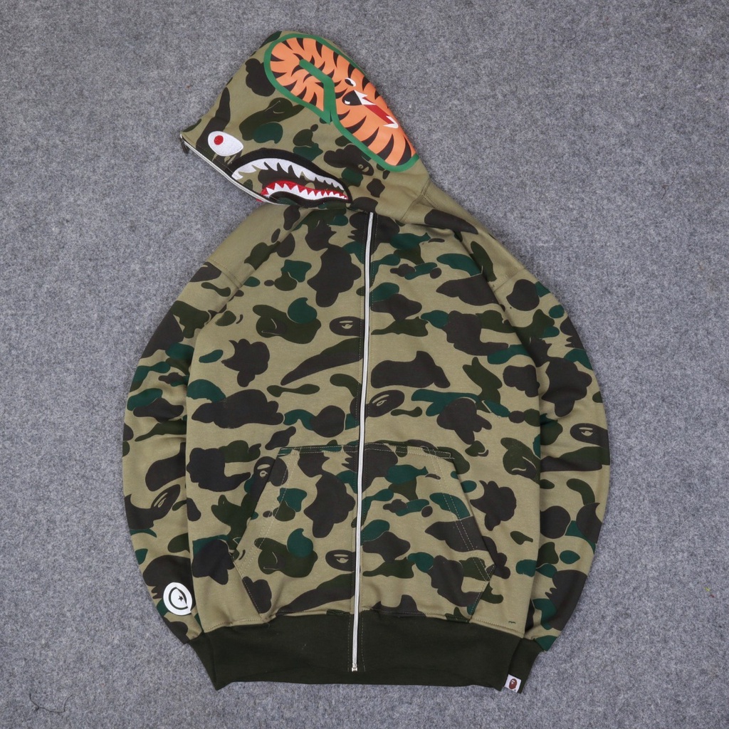 SWEATER HOODIE A BATHING APE BAPE FULL ZIP WGM SHARK ARMY GREEN CAMOUFLAGE AUTHENTIC