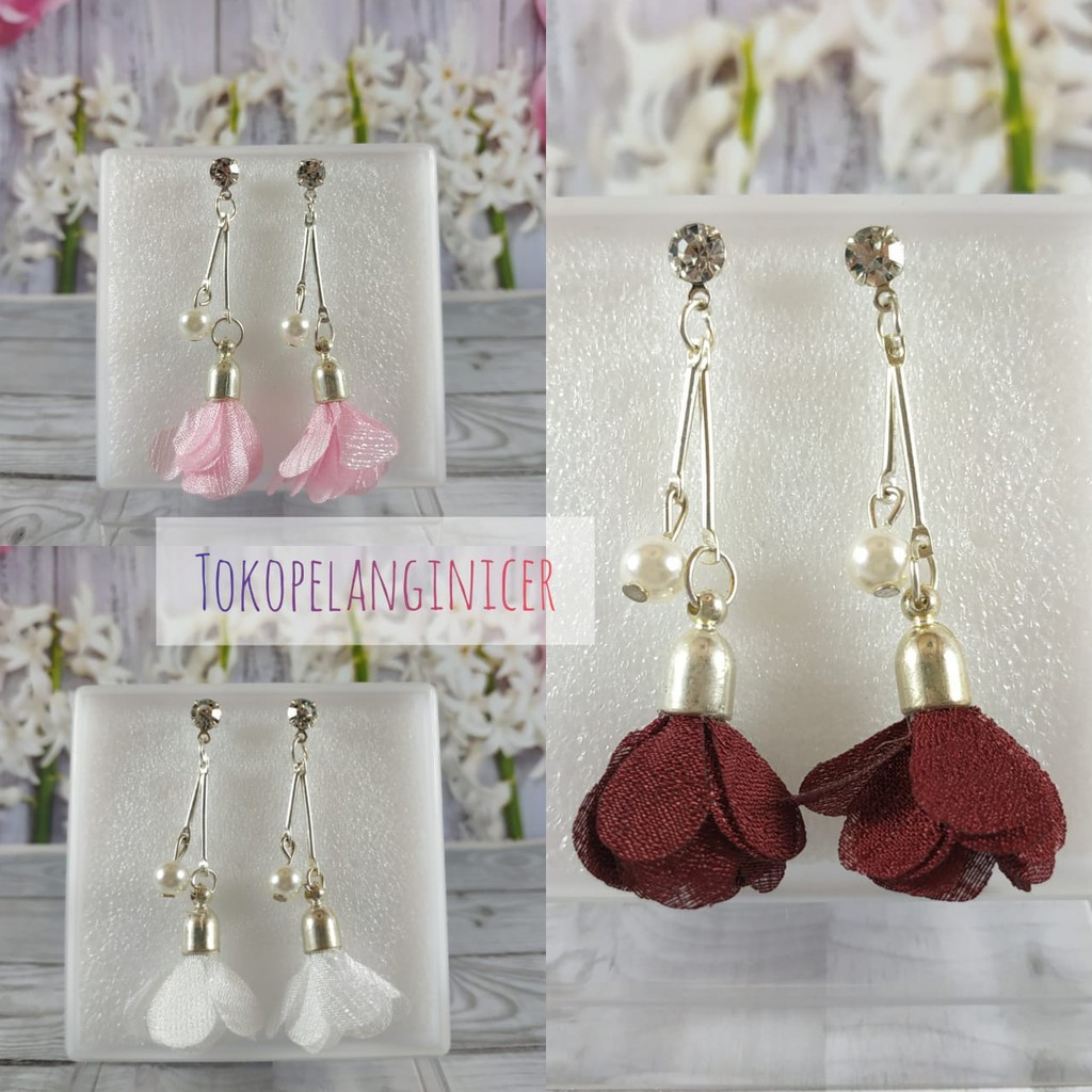 SEPASANG Anting Manik Mutiara / Anting juntai kelopak Fashion wanita  Tokopelanginicer