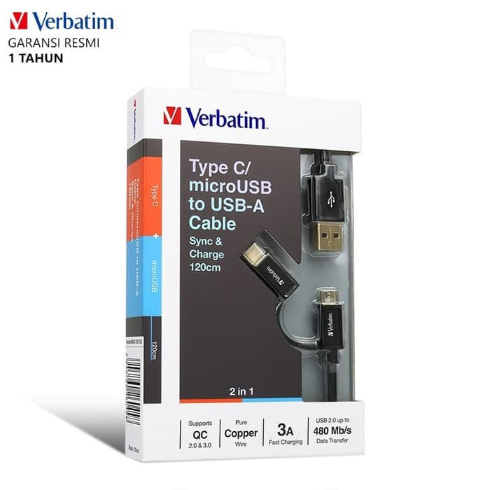 Verbatim 120cm 2in1 Type-C &amp; MicroUSB to USB Cable - Black