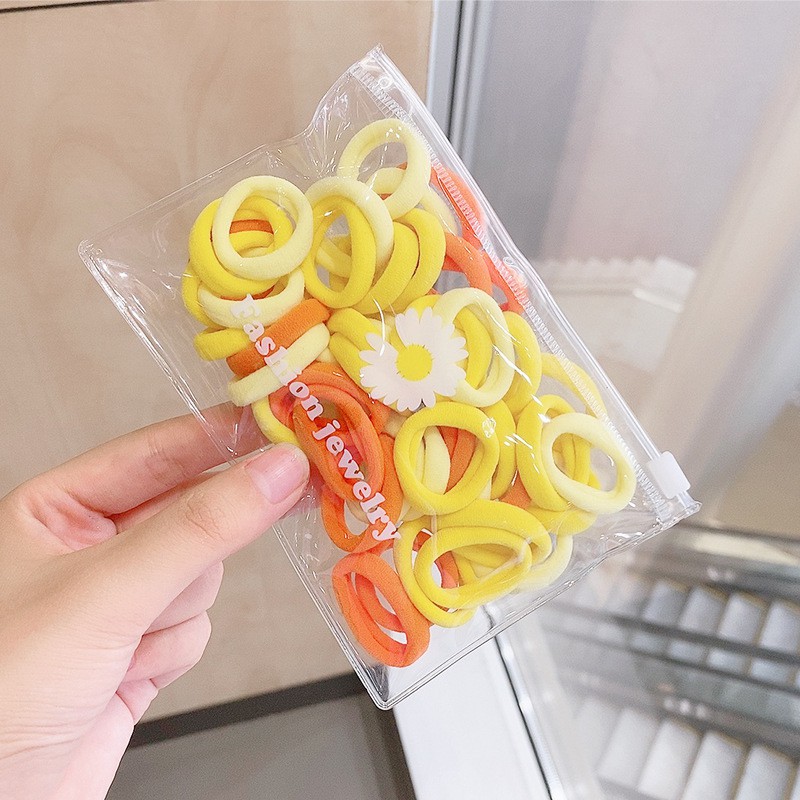 OVERFLOWS.ID 50 Pcs Tali Rambut Donut Dengan Pouch Bunga Daisy Import Ikat Rambut Set Import-Kuning Daisy