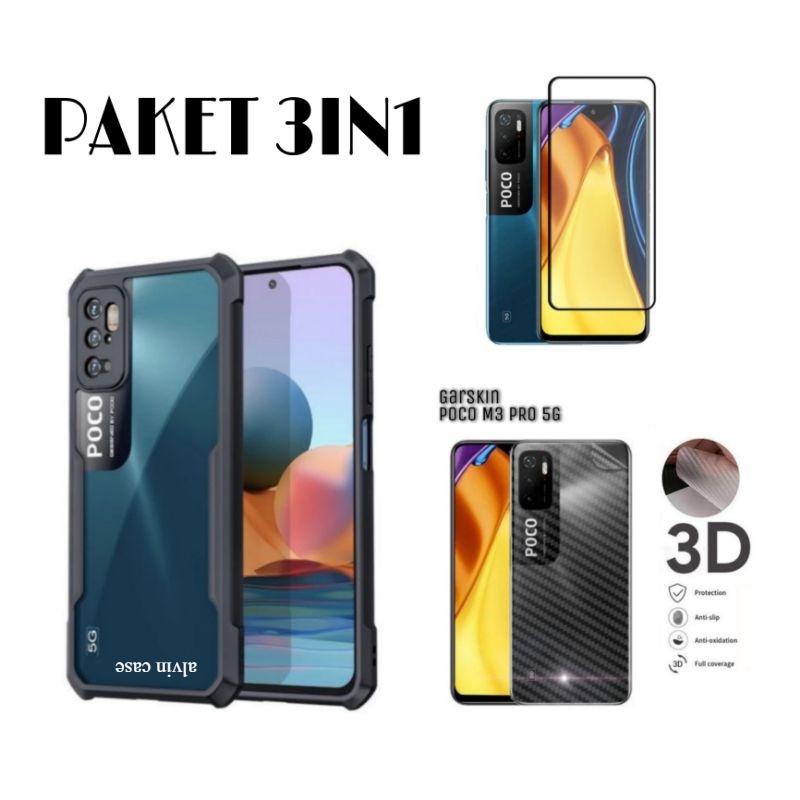 PROMO 3IN1 Case XIAOMI POCO M3 PRO 5G/POCO M3 Hard Case Shockproot Transparan+Pelindung Layar+Garski