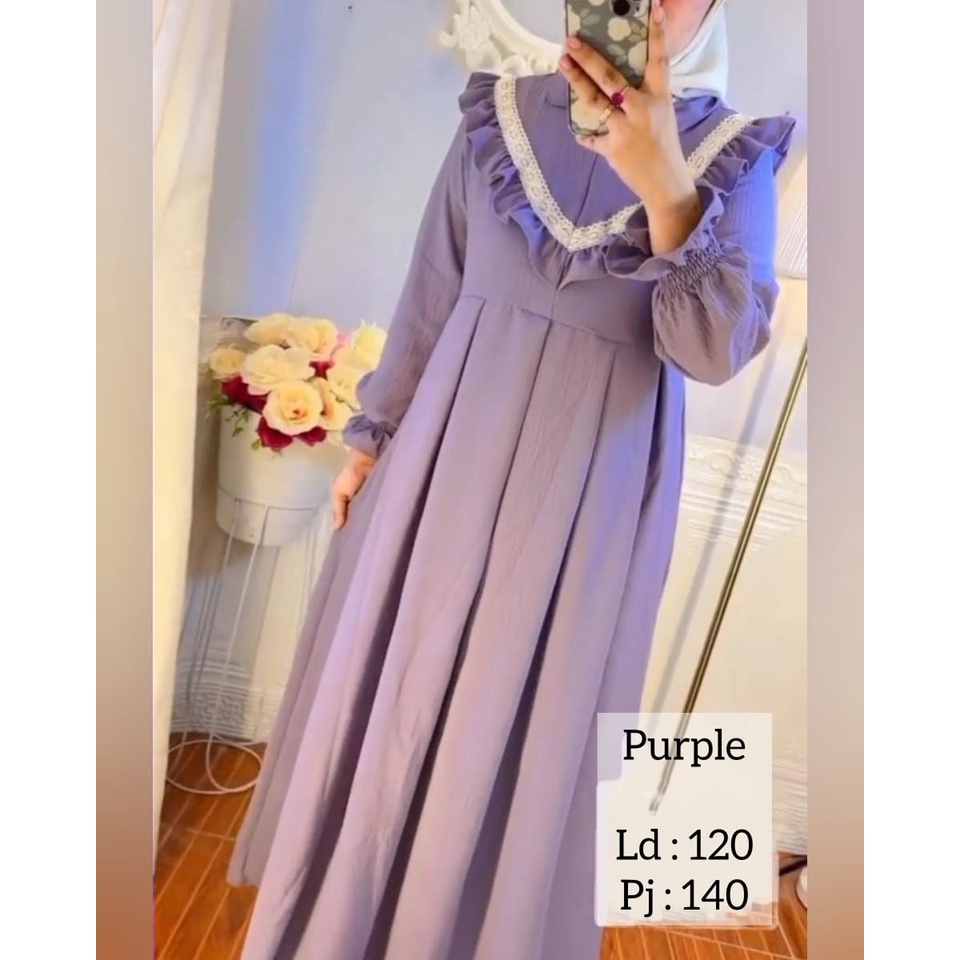 Gamis Crinkle Baju Wanita Resleting Depan Busui Friendly Gamis Kekinian Aplikasi Renda Lon Dress Jumbo Aulia Maxy