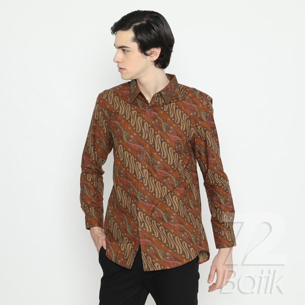 BATIK PRIA LENGAN PANJANG Kemeja Premium Parang Warna Orange Coklat 729532 Cap 72 - Baju Kemeja Atasan Pakaian Setelan Batik Pria Cowok Laki Laki Remaja Keluarga Kantor Lengan Panjang Modern Slimfit Slim Fit Premium Kekinian