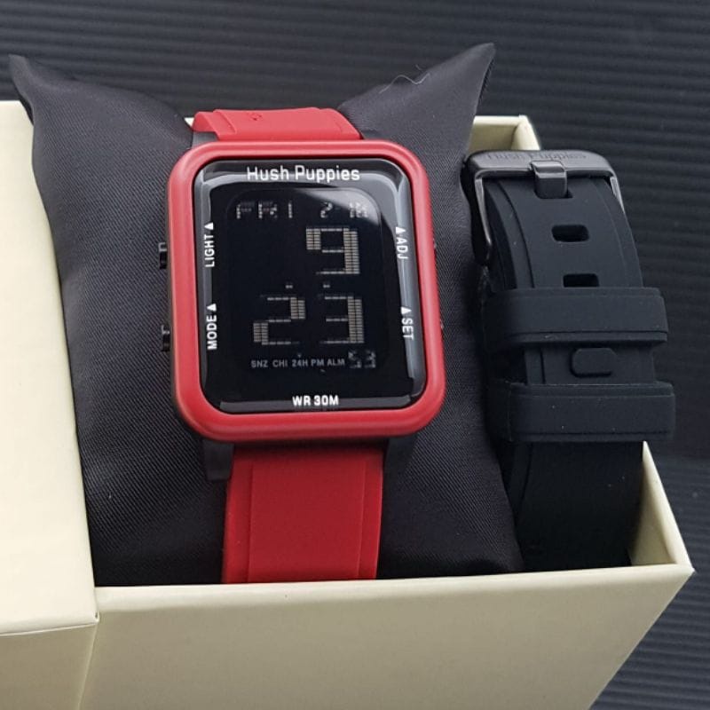 JAM TANGAN WANITA HUSH PUPPIES DIGITAL STRAP RUBBER KARET SEGI KOTAK PAKET FREE TALI CADANGAN LED LA
