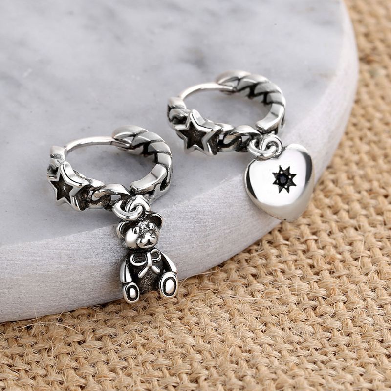 SIY  Bear Love Heart Long Tassel Asymmetric Hoop Drop Earring Vinatge Silver Star Earring Jewelry For Women Minimalis Jewerly