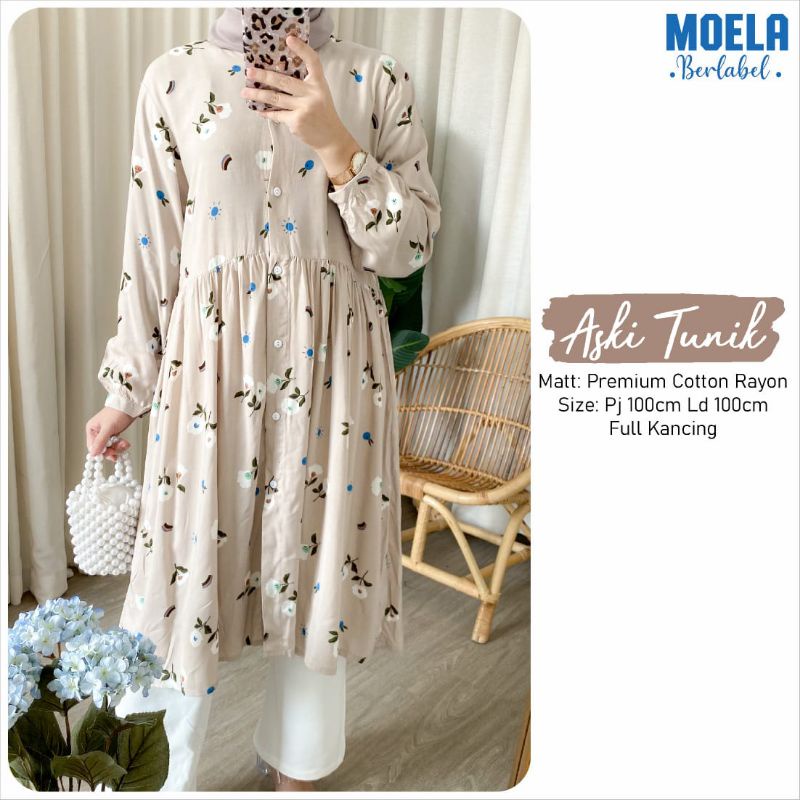 ASKI TUNIK long tunic bunga-bunga cream rayon premium original MOELA
