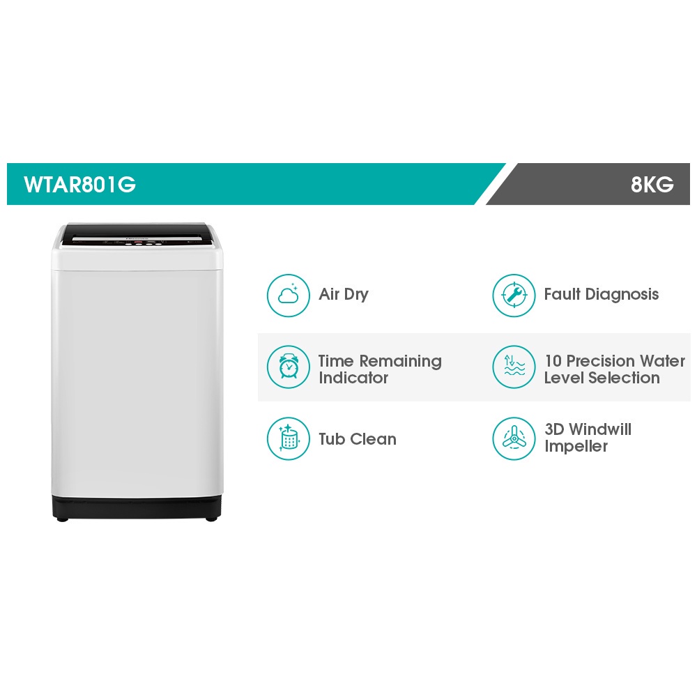 Hisense Mesin Cuci 1 Tabung Top Loading 8KG Washing Machine WTAR801G Garansi 2 tahun【Tub Clean and 3D Windwill Pulsator】【Time Remaining Indicator and Fault Diagnosis 】-1