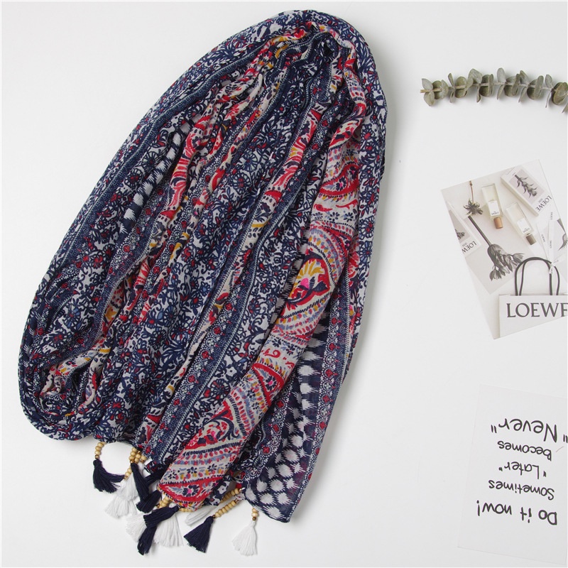 ITSFRIDAY BELLE Scarf - Premium Pashmina Shawl Selendang Syal Pasmina Hijab Import Motif Etnik Clasic Navy Maroon Tassel